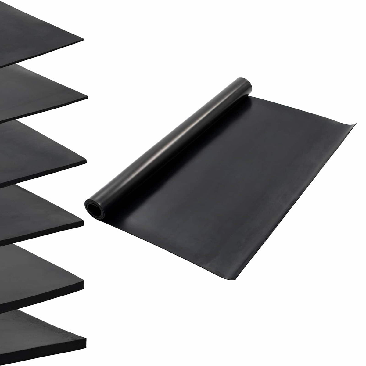 A black rubber floor mat unrolled and stacked, showing multiple layers