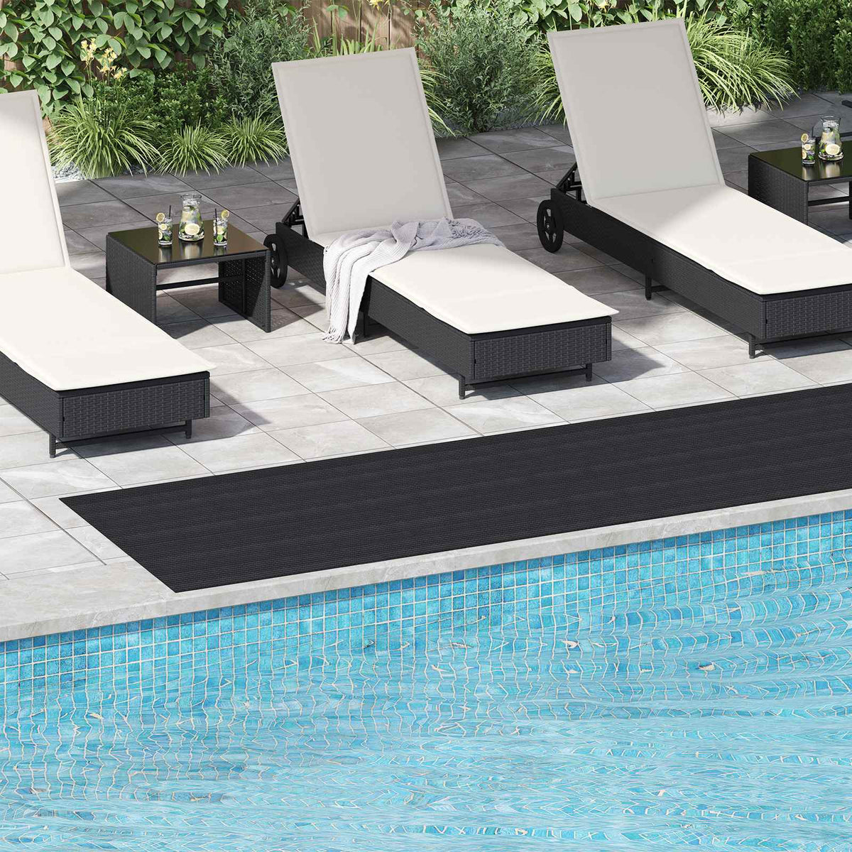vidaXL Floor Mat with Dots 1 x 5 m Black Rubber laid out next to a swimming pool