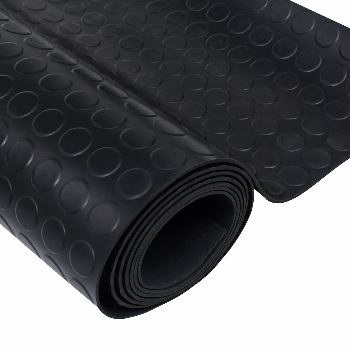 Black rubber floor mat with a raised dot pattern, rolled up