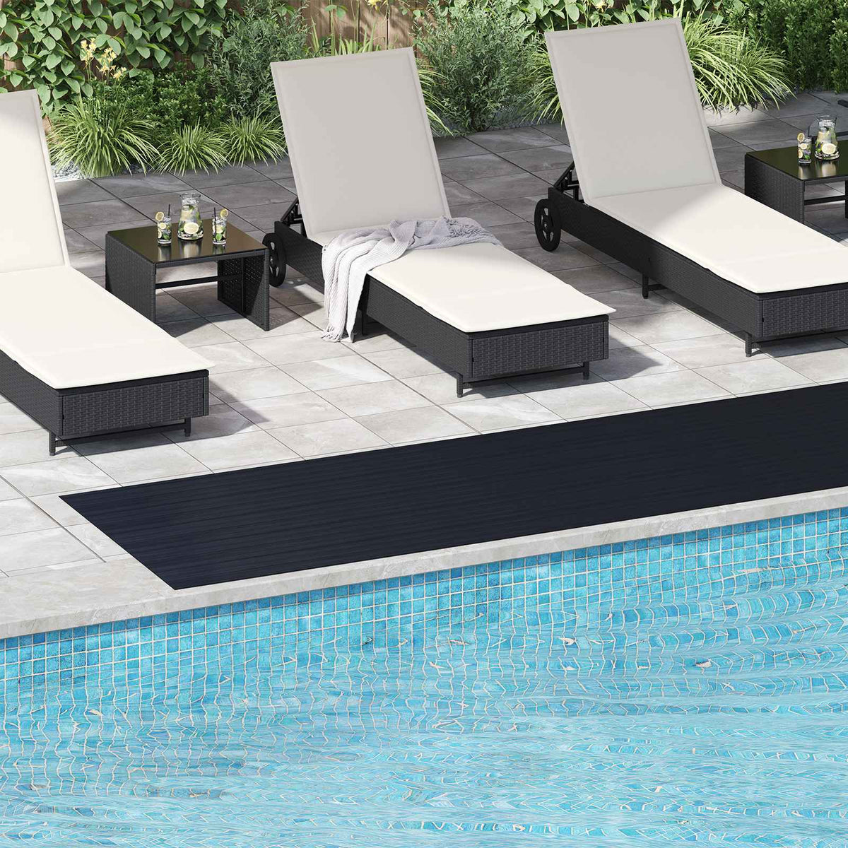 vidaXL Floor Mat with Fine Rib Black Rubber laid out next to a swimming pool