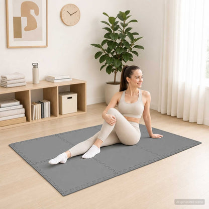 vidaXL Floor Mats 40 pcs Grey 14.4 m² EVA Foam in a home gym setting with a woman sitting on them
