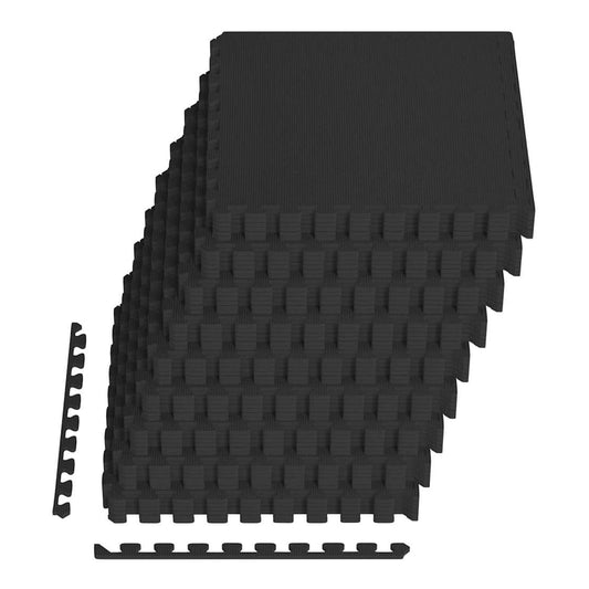The exercise equipment mats are stacked high with interlocking edges visible