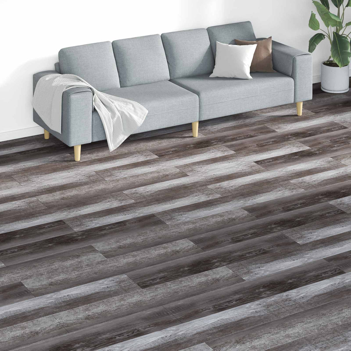 vidaXL Flooring Planks Striped wood 5.26 m² 18 pcs PVC laid on a floor with a grey sofa on top