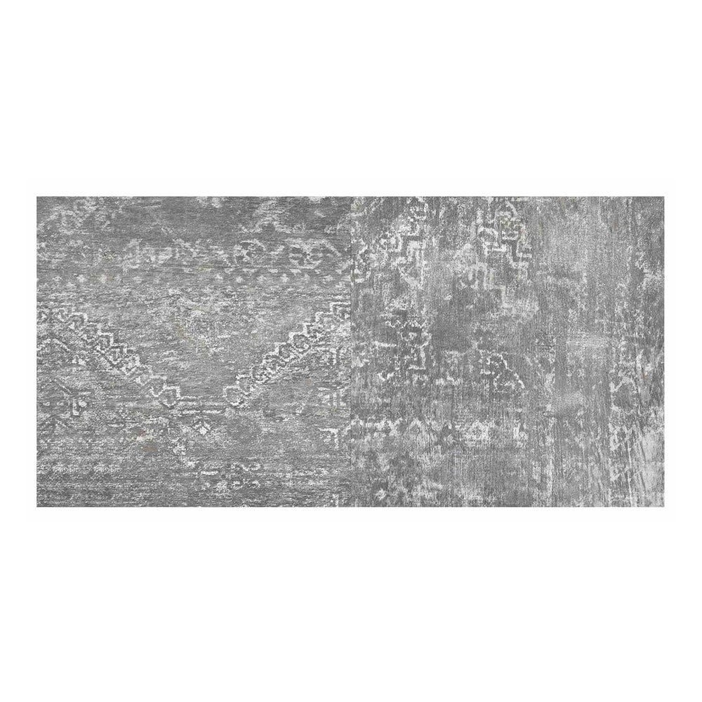 A rectangular arrangement of grey concrete effect vinyl flooring planks with a distressed pattern