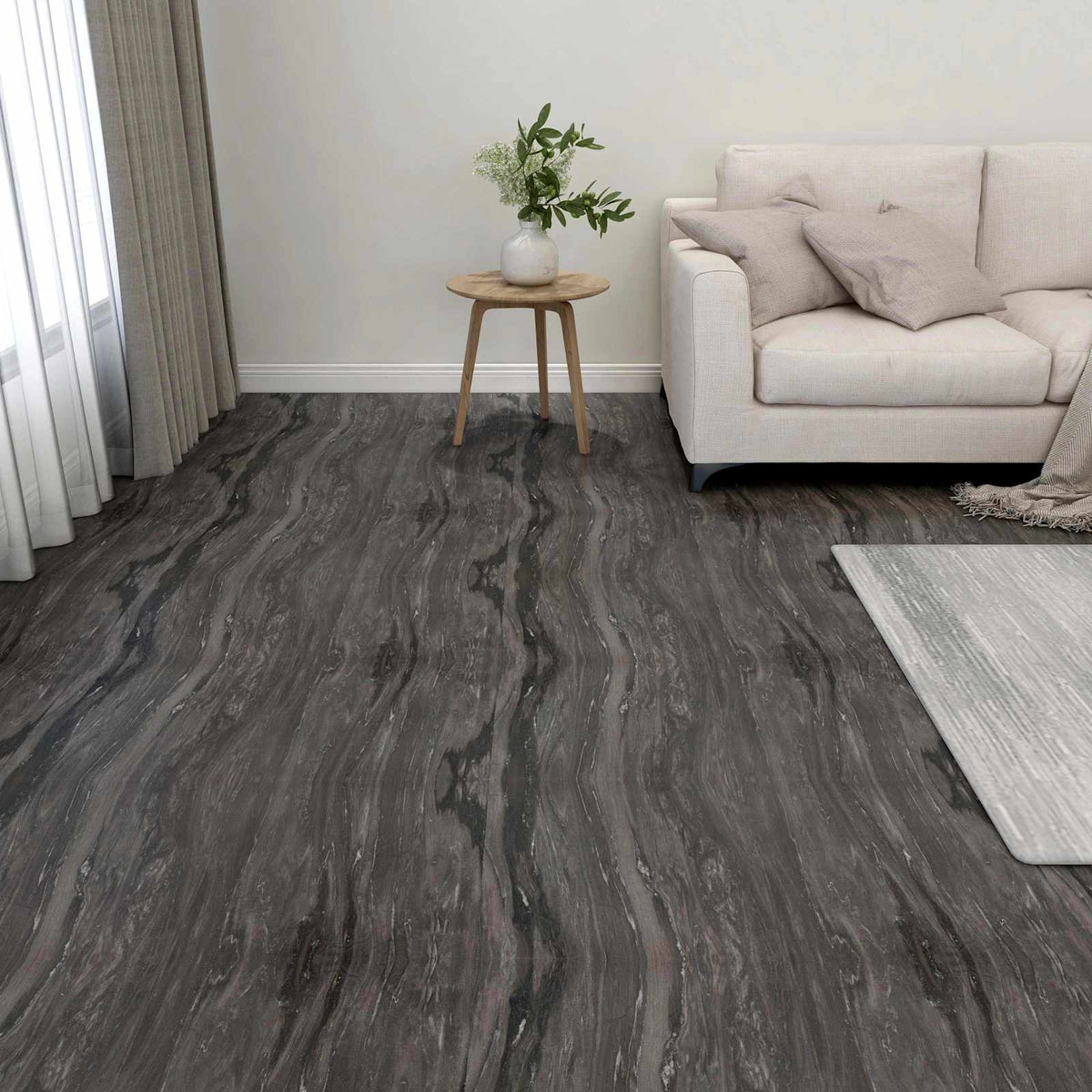 vidaXL Flooring Planks Dark Grey 5.11 m² 55 pcs PVC installed in a modern living room setting