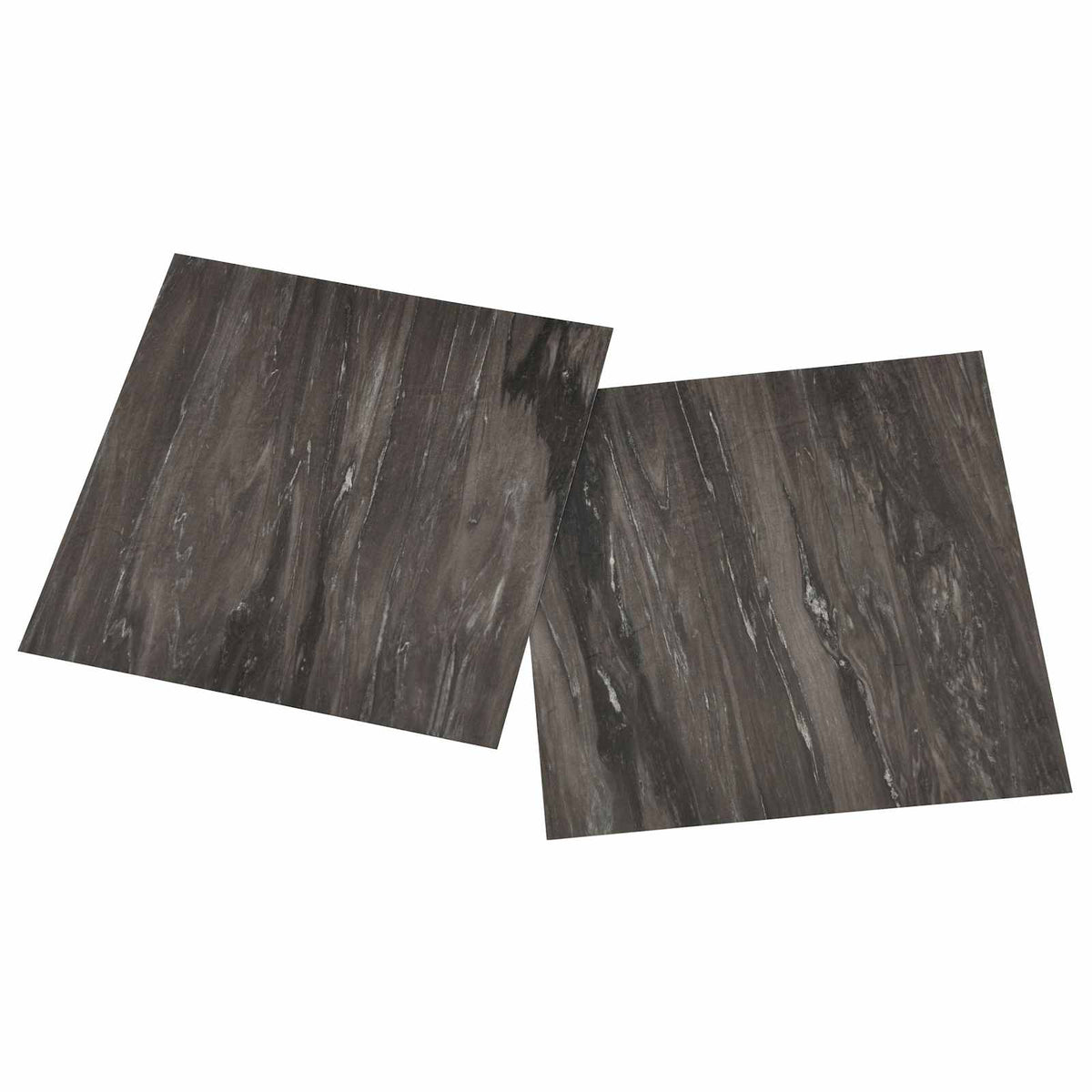 Two of the flooring planks placed side by side to show the dark grey marbled pattern