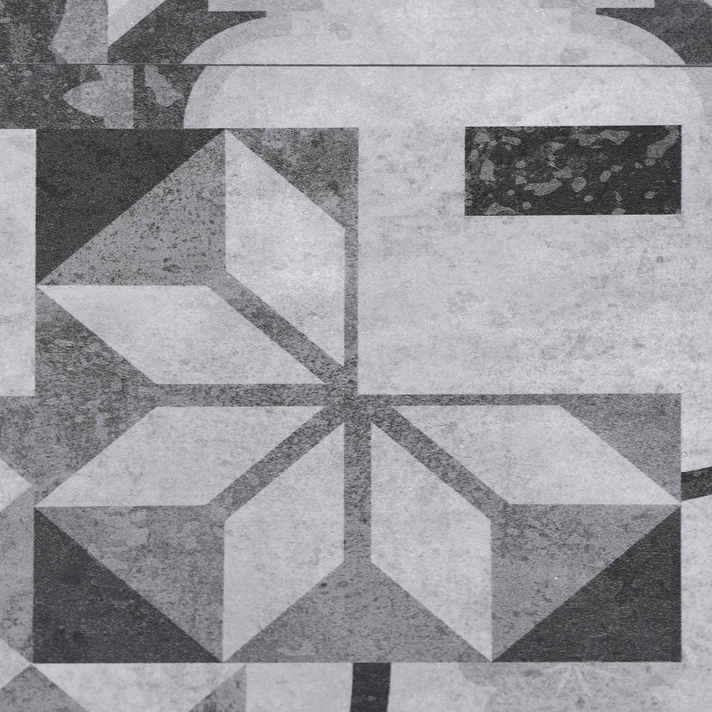 Close-up of geometric patterns on the grey self-adhesive flooring planks