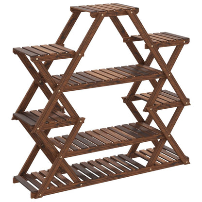The wooden plant stand is shown from a slightly elevated front angle, displaying its tiered structure