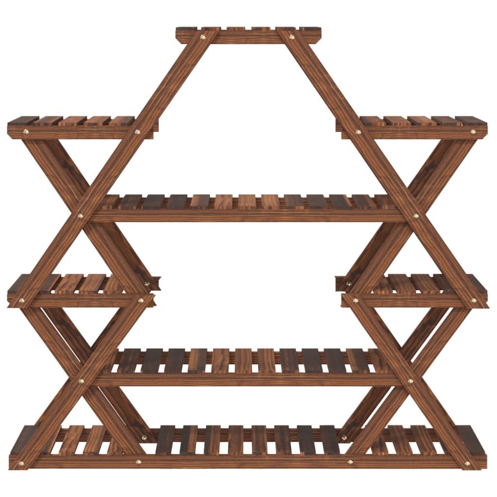 The geometric wooden plant stand is shown from the front, highlighting its unique design