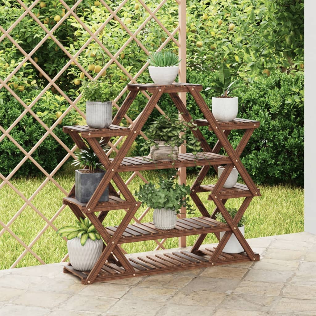 vidaXL Flower Stand Solid Wood Fir with multiple shelves holding potted plants outdoors