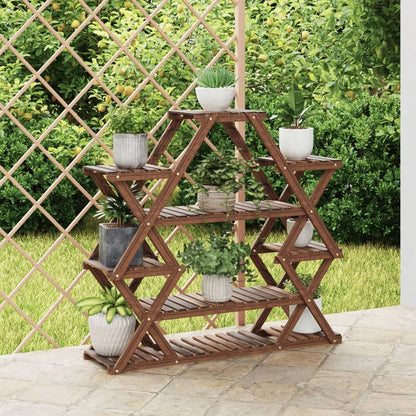 vidaXL Flower Stand Solid Wood Fir with multiple shelves holding potted plants outdoors
