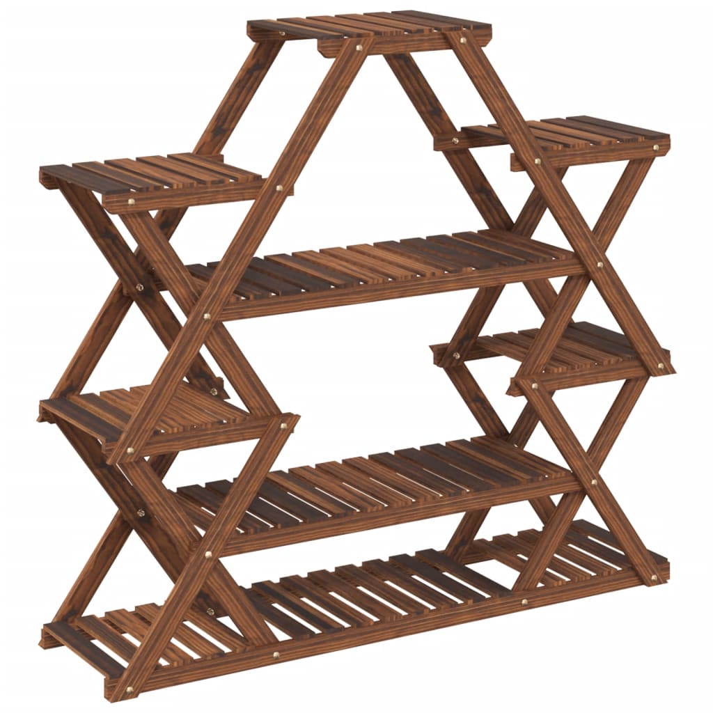 The wooden plant stand is shown from a low front angle, emphasizing its height and shelf arrangement