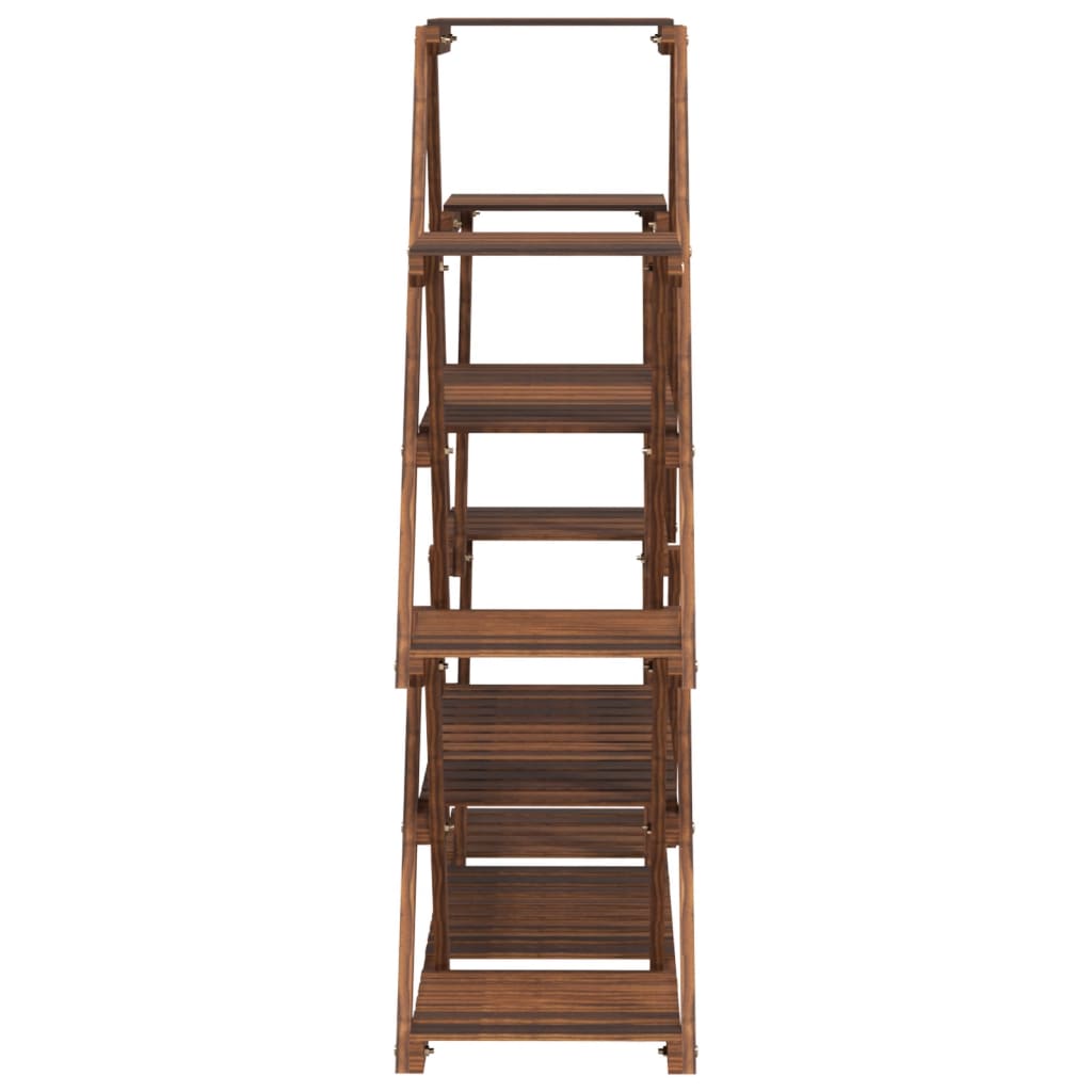 A narrow side view of the wooden plant stand, showing its depth and multiple shelves