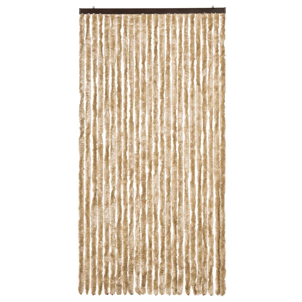 The beige chenille fly curtain hanging straight against a plain background