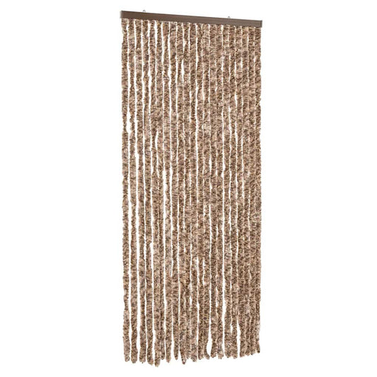 Chenille fly curtain in beige and dark brown hanging against a white background