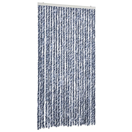 The blue and white fly curtain hanging against a white background