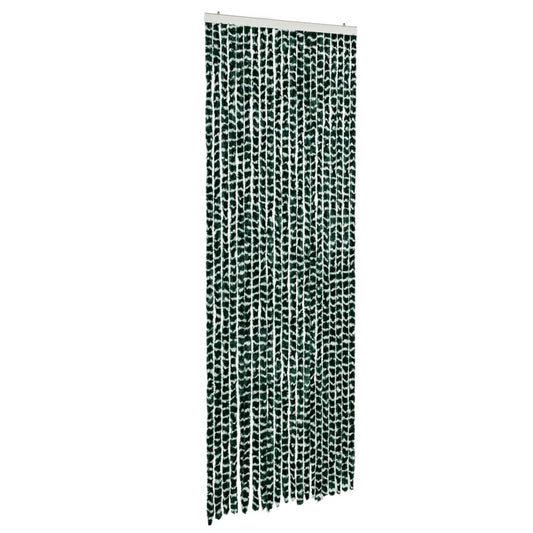 The green and white chenille fly curtain hanging straight down against a white background