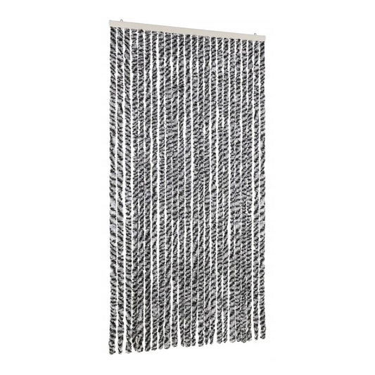 the grey and black and white fly curtain hanging from a rail