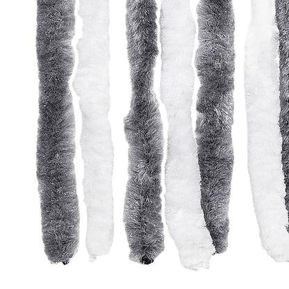 Close up of the bottom of the fly curtain showing the fluffy grey and white strands