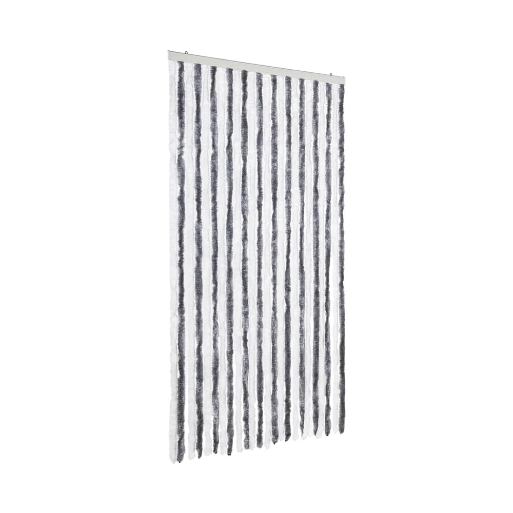 The grey and white fly curtain hangs from a rail against a white background