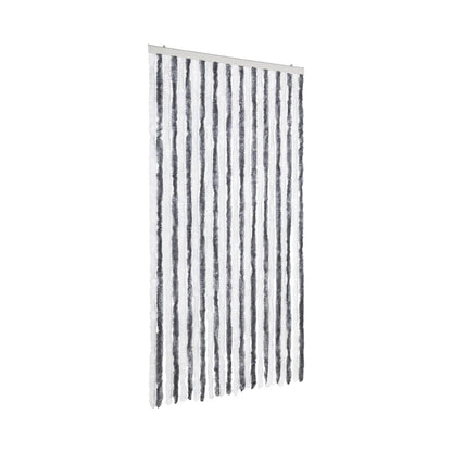 The grey and white fly curtain hangs from a rail against a white background
