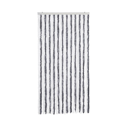 The fly curtain shows vertical grey and white strands hanging down