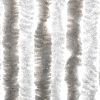 Close up of the fluffy texture of the light grey and white fly curtain strands
