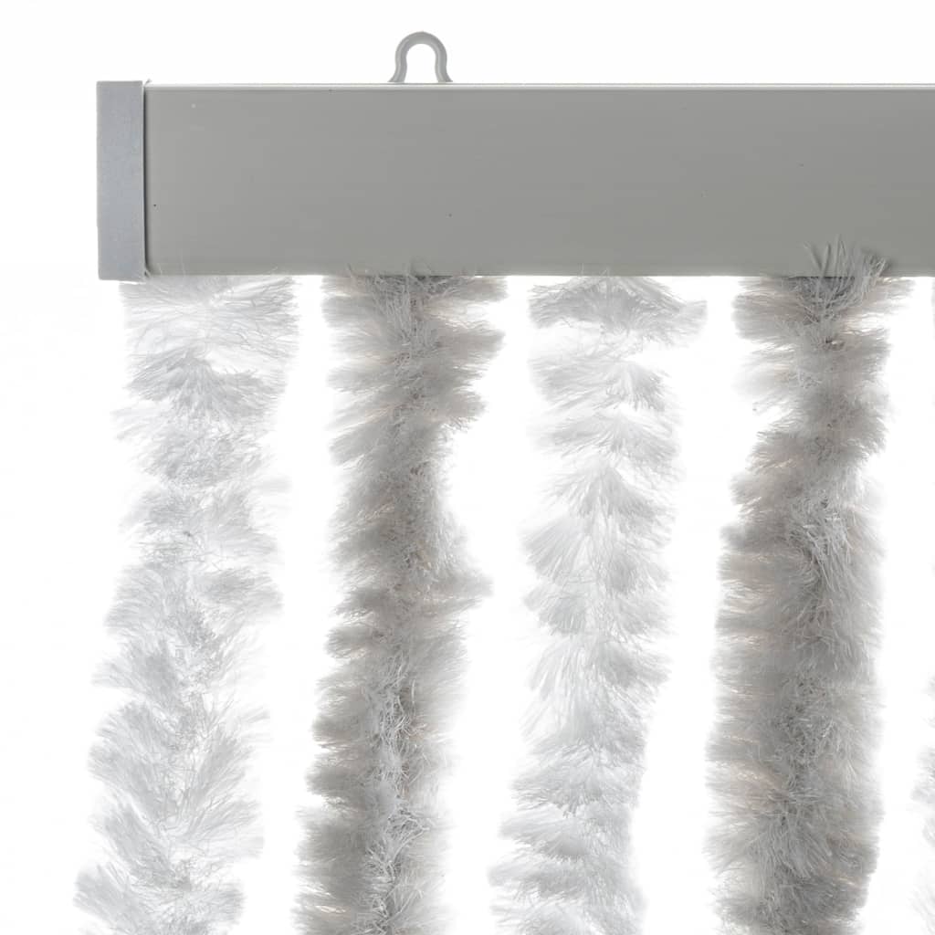Close up of the top rail and the hanging chenille strands of the window screen