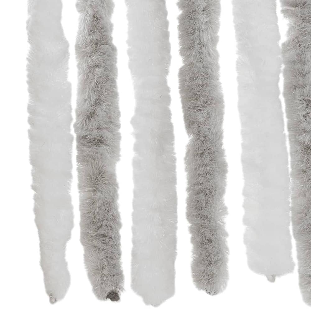 Close up of the textured grey and white chenille strands of the window screen