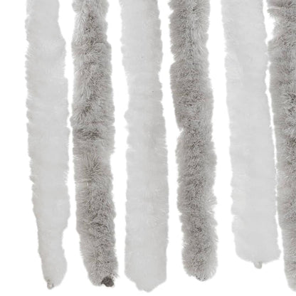 Close up of the textured grey and white chenille strands of the window screen
