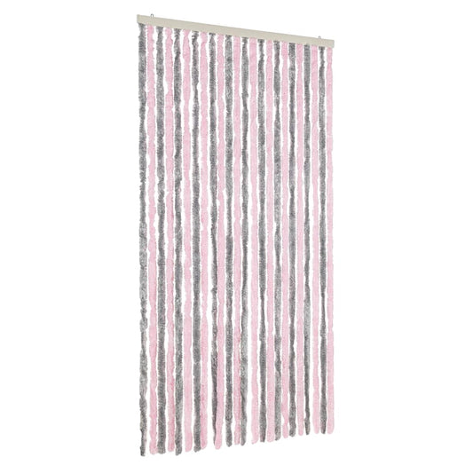 The silver grey and pink fly curtain hanging straight down against a white background