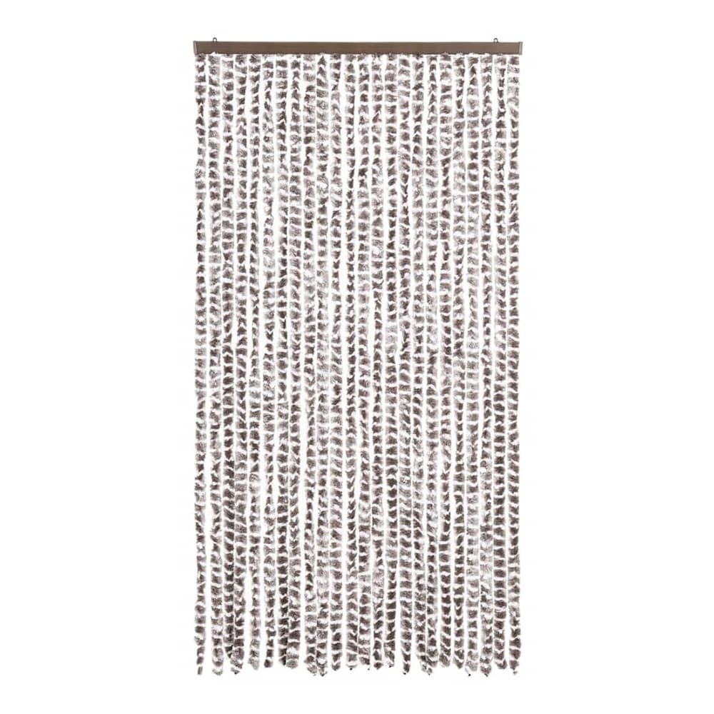 The taupe and white fly curtain is made of chenille strands hanging from a metal rail