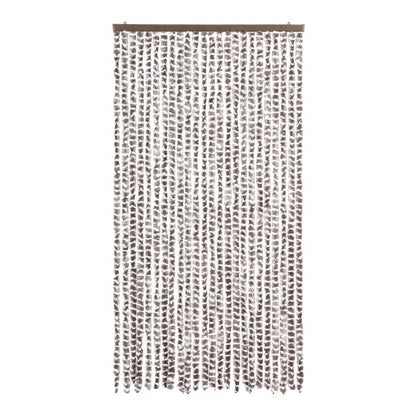 The taupe and white fly curtain is made of chenille strands hanging from a metal rail
