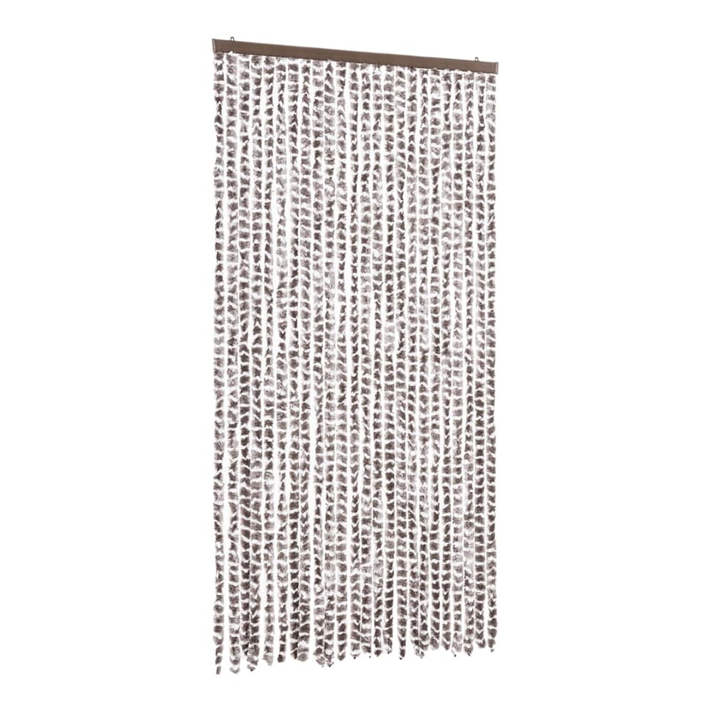 taupe and white chenille fly curtain hanging against a white background