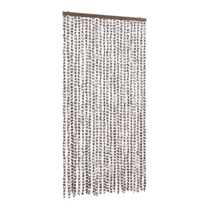 taupe and white chenille fly curtain hanging against a white background