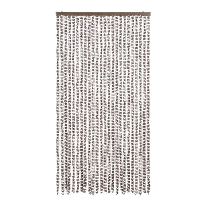 The taupe and white fly curtain is made of many hanging strands