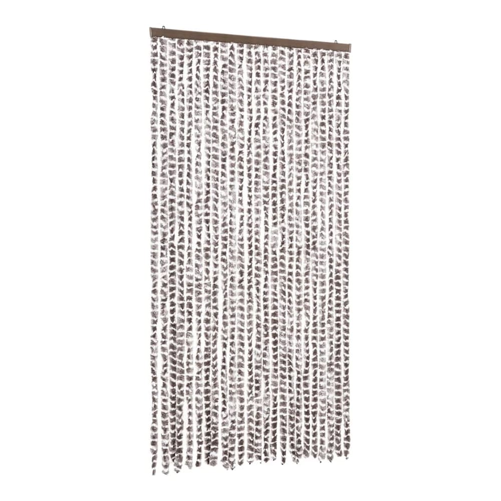 taupe and white chenille fly curtain hanging against a white background