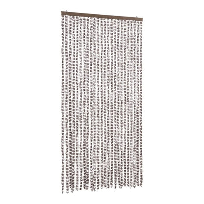 taupe and white chenille fly curtain hanging against a white background