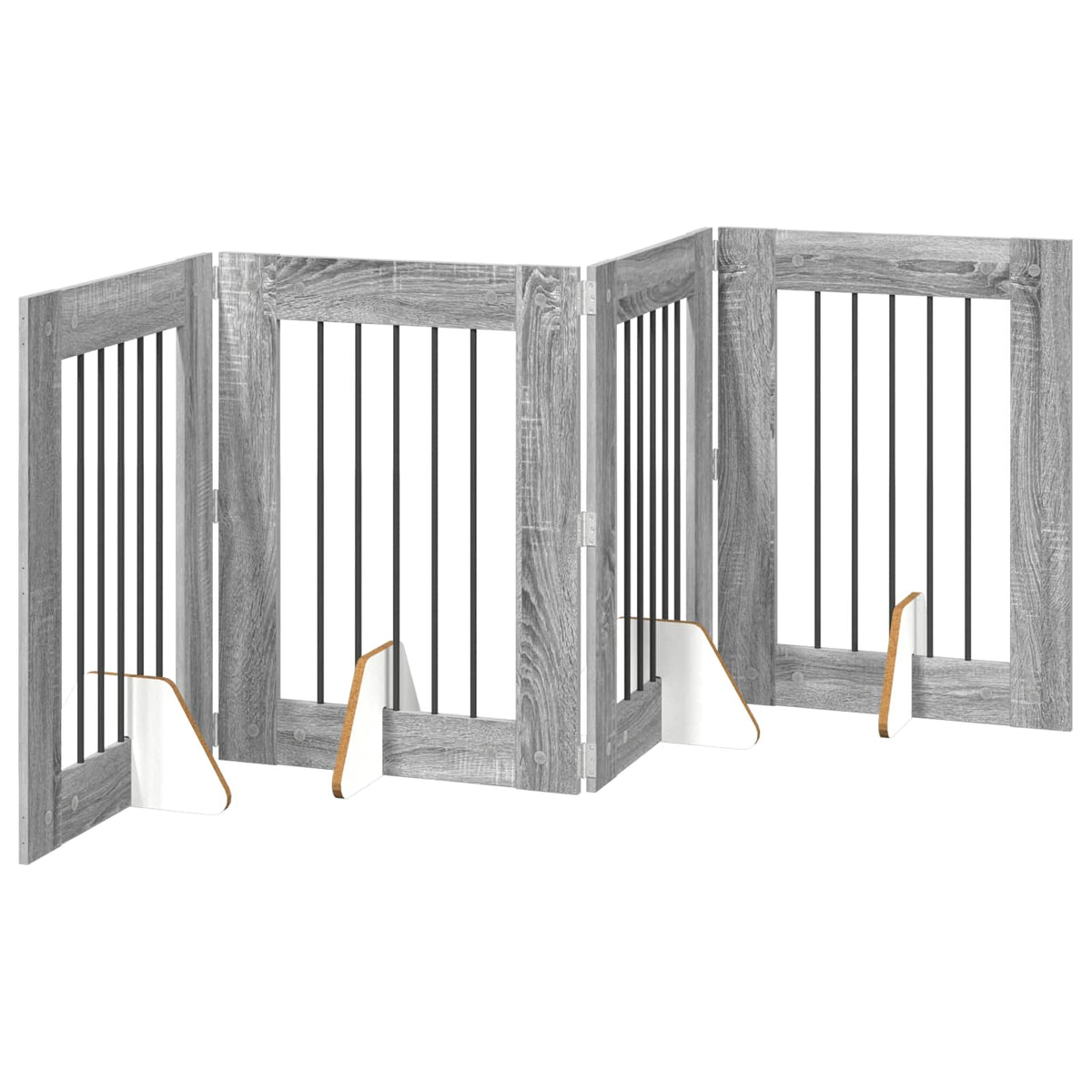The foldable dog gate standing on a white background with four connected panels