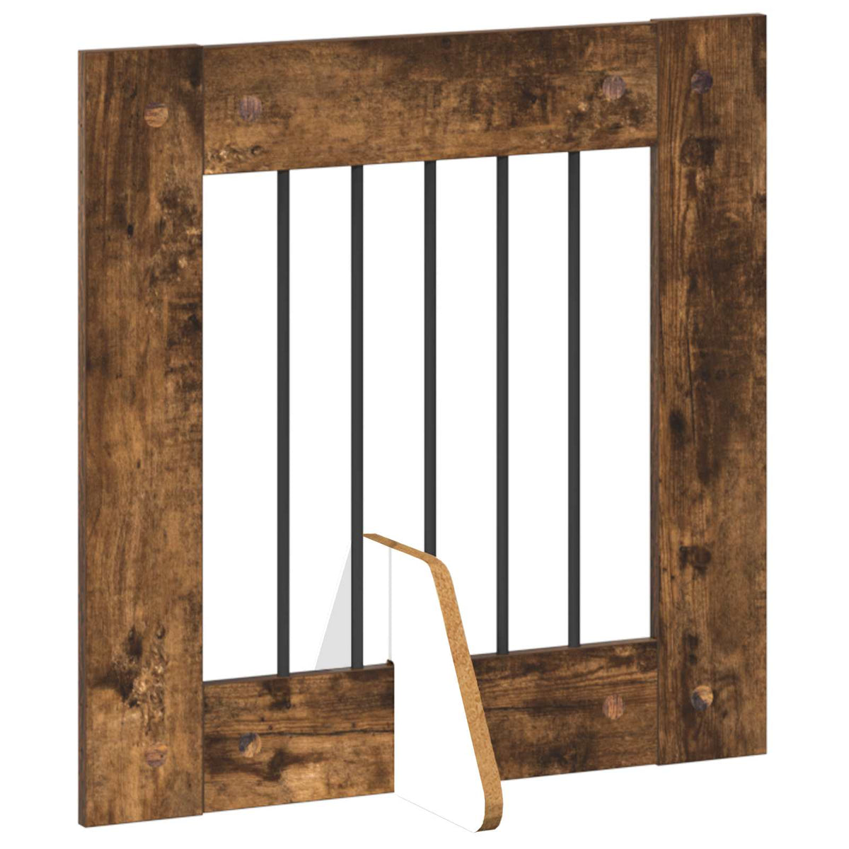 Close-up of one panel of the dog gate, showing the wooden frame and metal bars