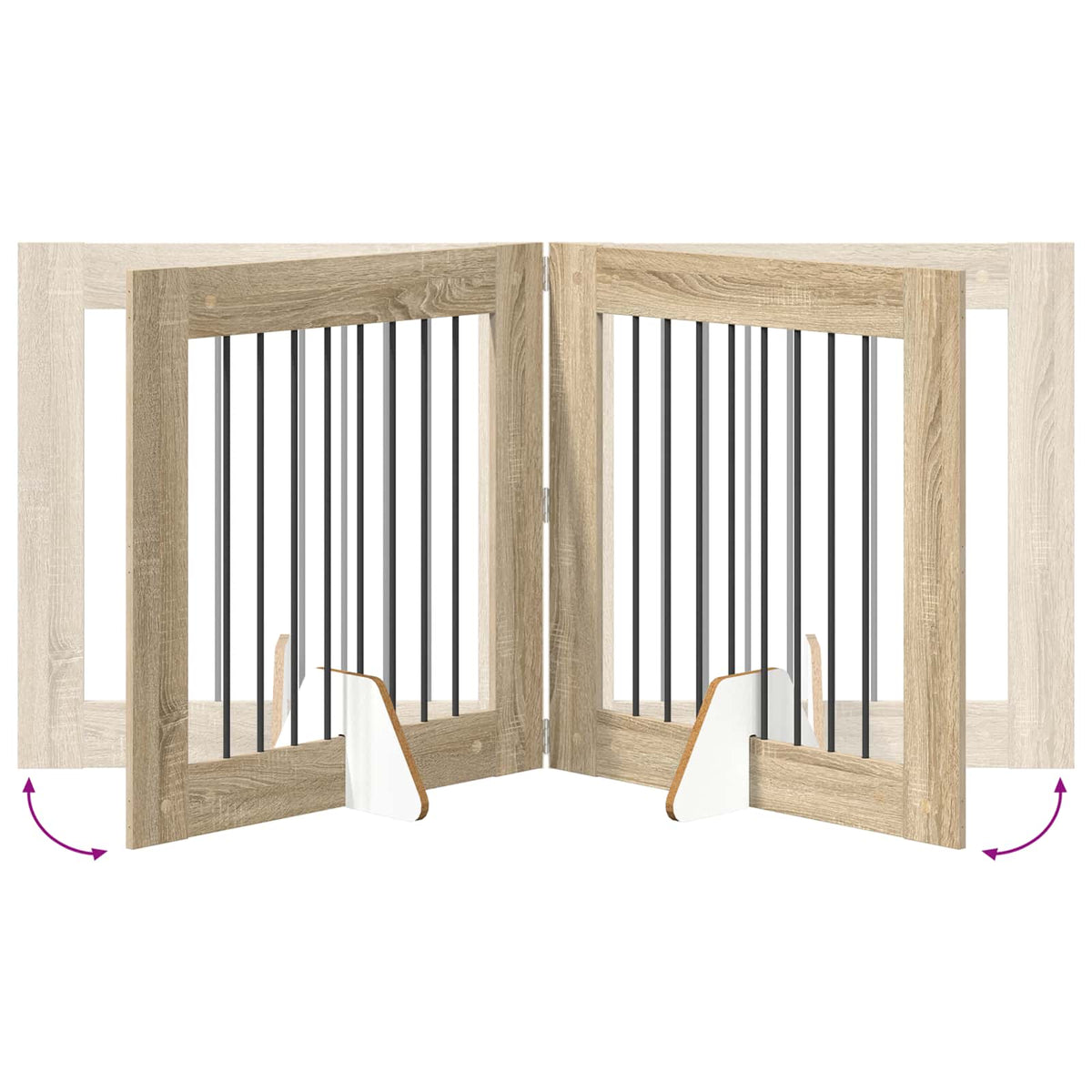 The dog gate shown in a folded position with adjustable angles
