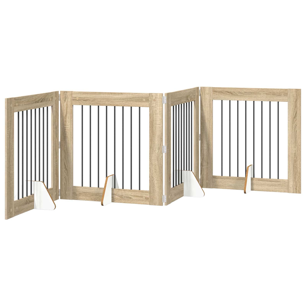 The foldable dog gate with stands, made of wood effect panels and black bars