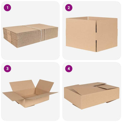 Four stages of assembling a cardboard folding box