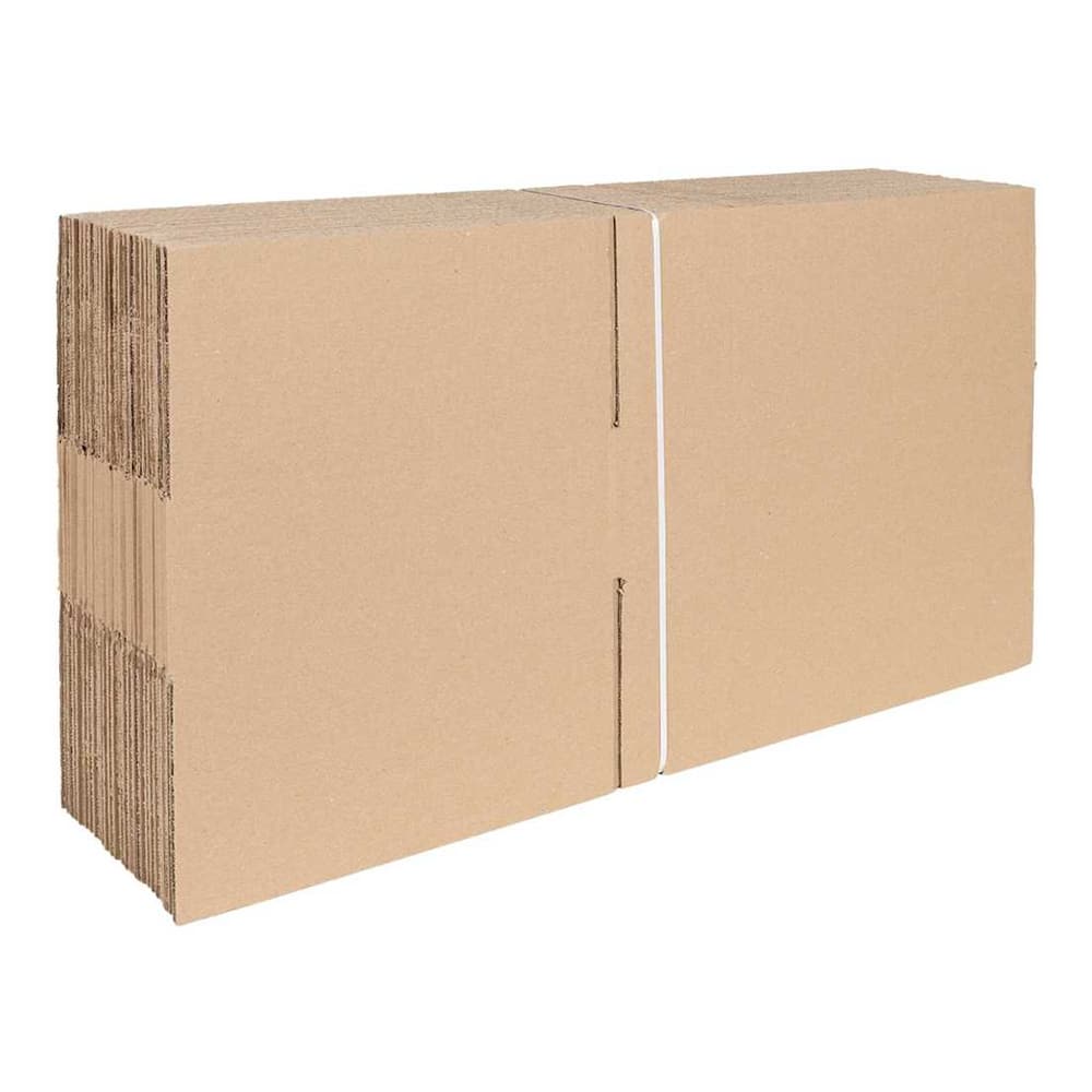 A large stack of 50 natural cardboard folding boxes tied together