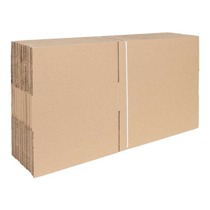A large stack of 50 natural cardboard folding boxes tied together