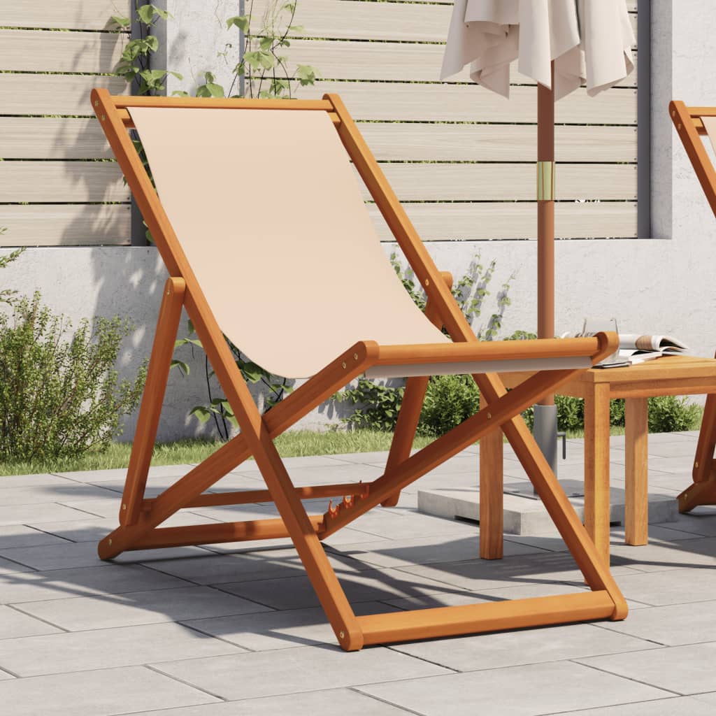 vidaXL Folding Chair Beige Solid Wood Eucalyptus and Fabric, a wooden deck chair with a beige fabric seat and back