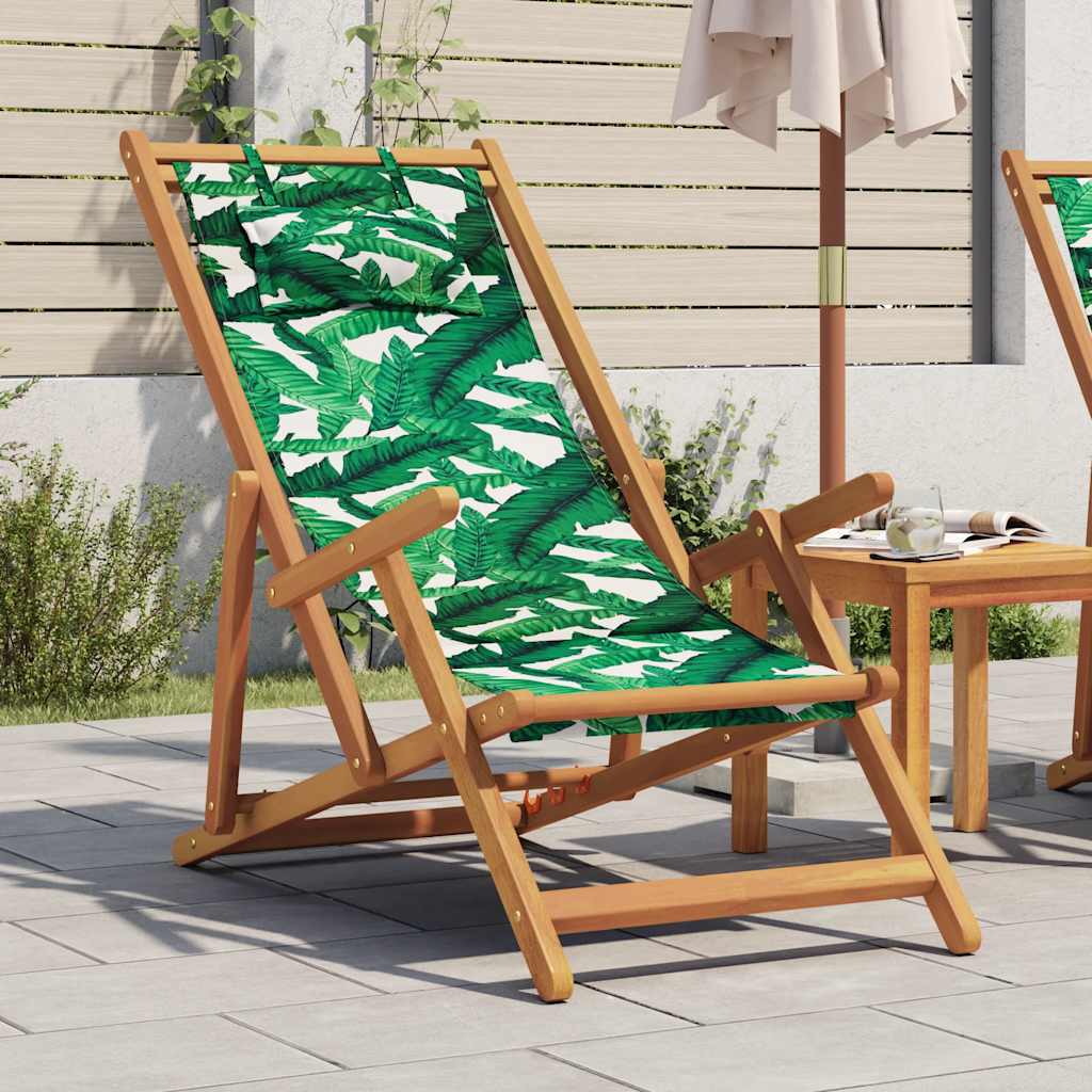vidaXL Folding Chair Leaf Pattern Solid Wood Eucalyptus and Fabric with a leaf pattern fabric seat and back
