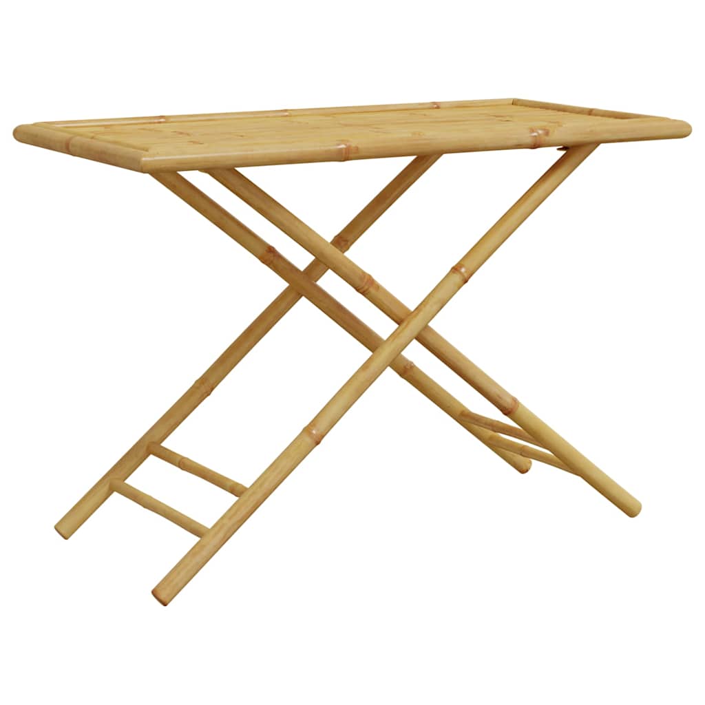 The bamboo garden table folded flat, showing its X-shaped legs and slatted top