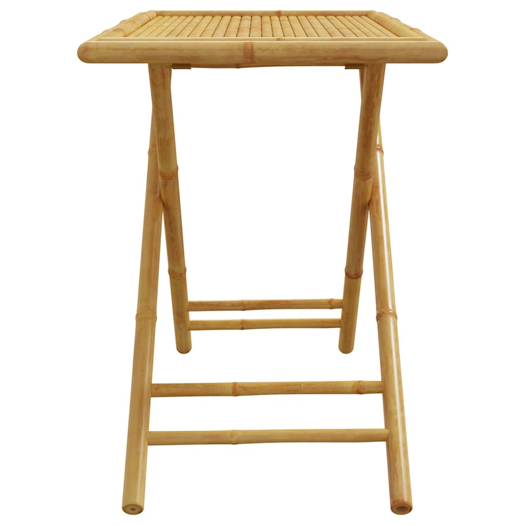 Front view of the bamboo garden table, showing its slatted surface and folding legs