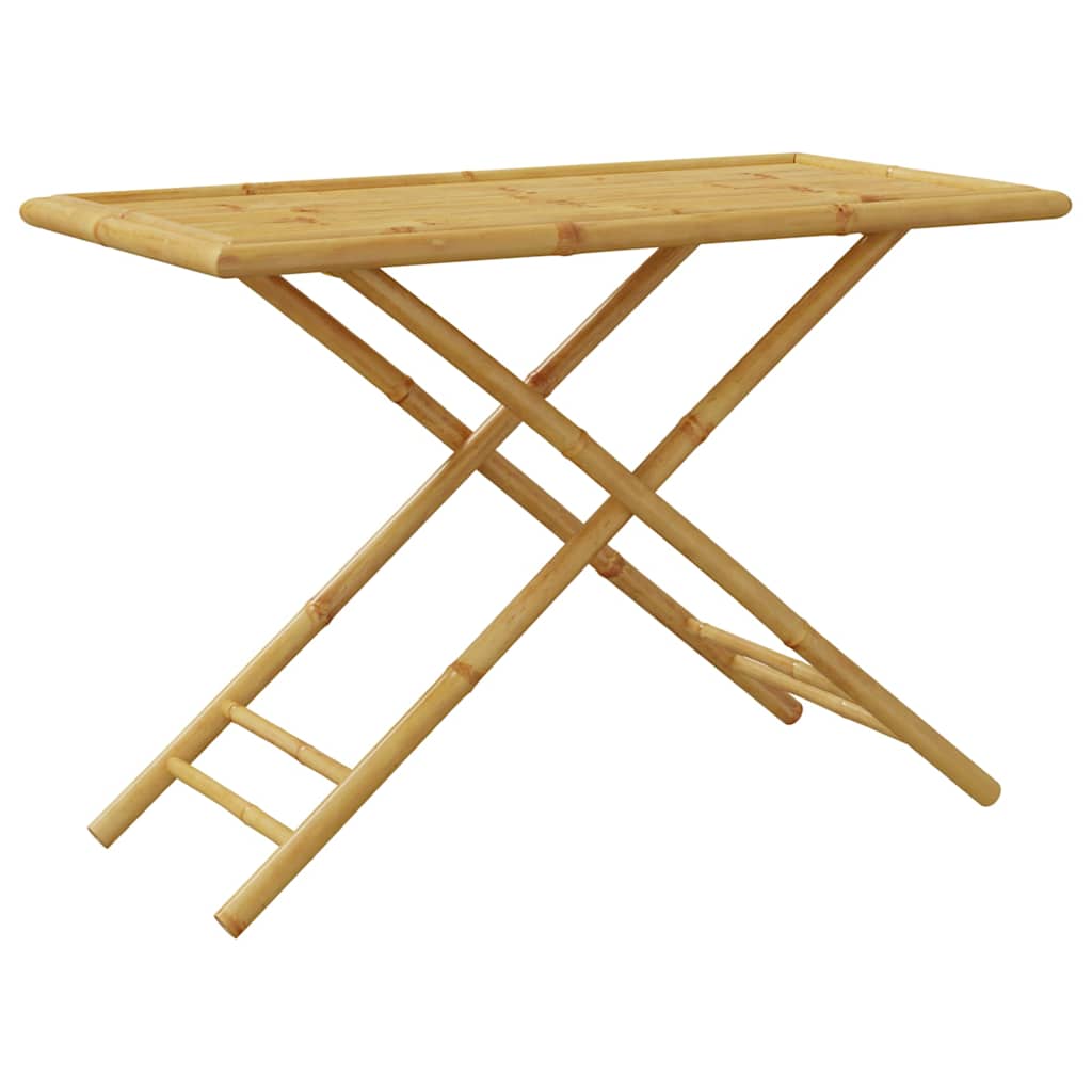 The bamboo garden table viewed from the side, highlighting its slatted construction